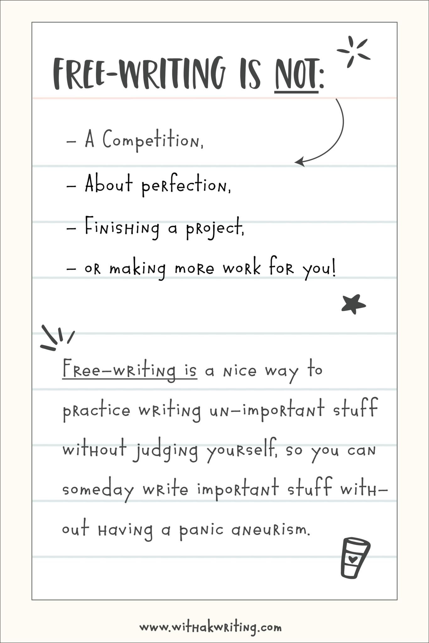 Free-writing is an effective way to practice writing un-important stuff without judging yourself, so you can write important stuff without having an aneurism from stress.
Join the #30DaysWithaK challenge for free to start today.